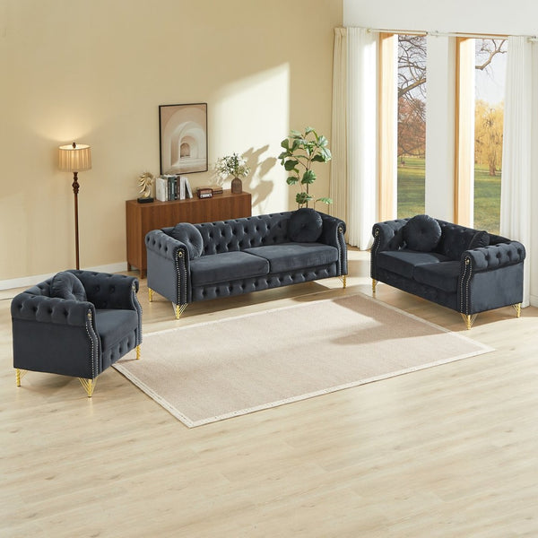 English Elm Velvet Chesterfield Tufted Sofa with Copper Stud Trim and Gold Legs for Glam Living Black W834S00631