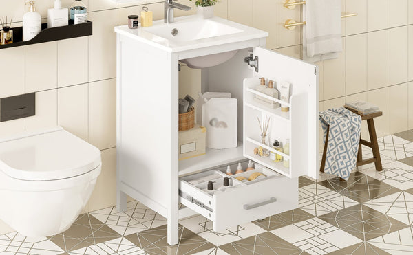 English Elm 20-Inch Compact Bathroom Vanity with Ceramic Sink, Soft-Close Storage, Divider Drawer & Easy Plumbing Access White N729P334847K
