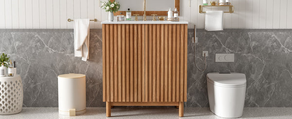 English Elm 29.9-inch Transitional Bathroom Vanity with Ceramic Sink Soft-close Doors Wood Legs N729P339777O