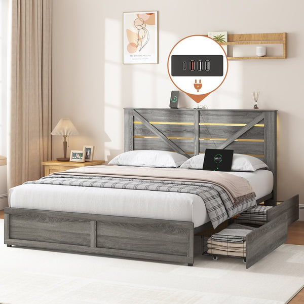 English Elm Queen-size Storage Bed with Led Headboard Barn Door Wood Grain Panel and Four Drawers W5026P429542
