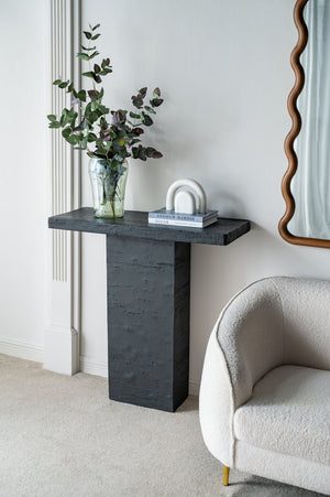 English Elm 35.5x14x35.5" Square Coffee Table with Geometric Pedestal Base, Modern Organic Design Accent Black W2078S00017