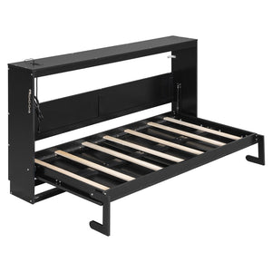 English Elm Twin-size Murphy Wall Bed with Led Lighting Usb Outlet and Decorative Printed Panel Black LP000355AAB