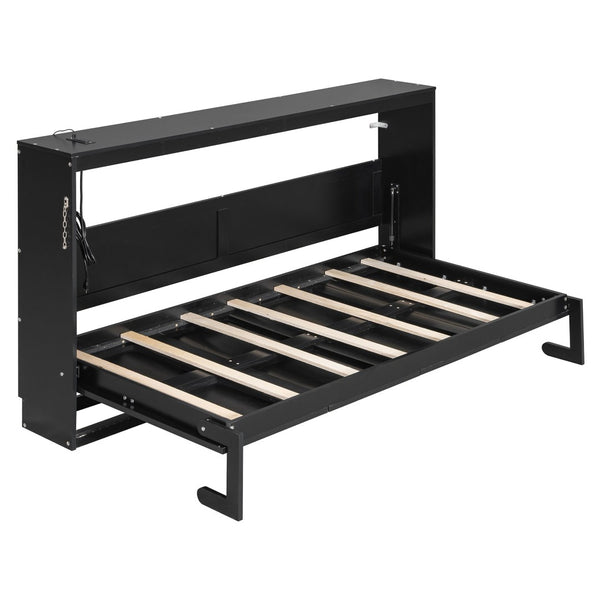 English Elm Twin-size Murphy Wall Bed with Led Lighting Usb Outlet and Decorative Printed Panel Black LP000355AAB