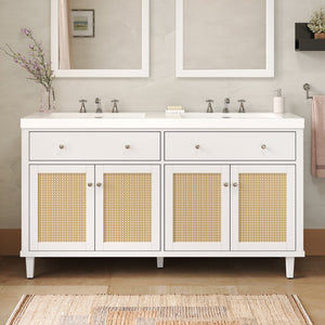 English Elm Christopher Knight Home® - 60 Inch Bathroom Vanity with Double Sinks SMC, Rattan Doors, Soft-Close Drawers, Stable Pine Legs White N817P296140W