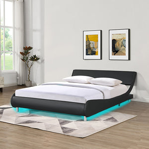 English Elm Faux Leather Platform Bed with RGB LED Lights, App & Remote, Curved Headboard, Wood Slats, Queen W2297P380527