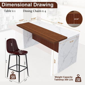 English Elm 63-Inch Modern Kitchen Island Set With 4 Dark Brown Bar Stools - Elegant Marble Surface & Led Glow W2699S00069