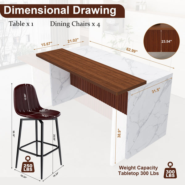 English Elm 63-Inch Modern Kitchen Island Set With 4 Dark Brown Bar Stools - Elegant Marble Surface & Led Glow W2699S00069