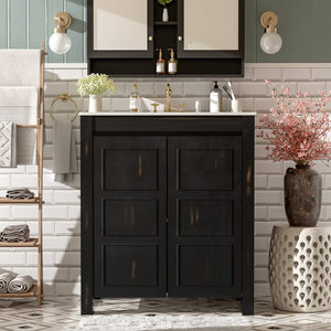 English Elm 30" Rustic Bathroom Vanity Espresso with Ceramic Sink, Soft-Close Doors, Adjustable Shelves, Open-Back Plumbing-Friendly Storage N729P290712P