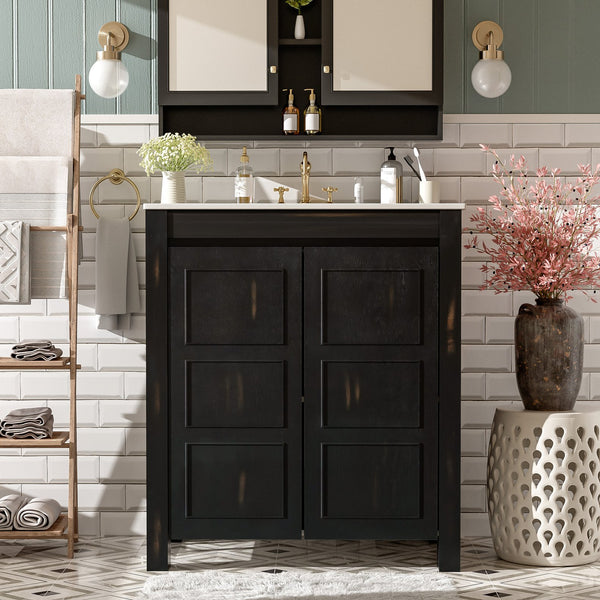 English Elm 30" Rustic Bathroom Vanity Espresso with Ceramic Sink, Soft-Close Doors, Adjustable Shelves, Open-Back Plumbing-Friendly Storage N729P290712P