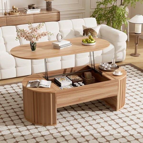 English Elm U-Can Elliptical Lift Top Coffee Table with Hidden Storage, Hydraulic Lift, Wood-Grain Modern Design Light Brown N724P308481W