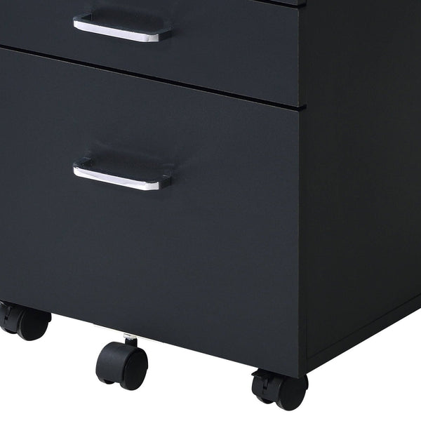 English Elm Tennos Black Chrome Finish Cabinet with 4-Tier Shelves, X-Frame, 3 Drawers & 5 Wheels for Modern Spaces B2726P277143