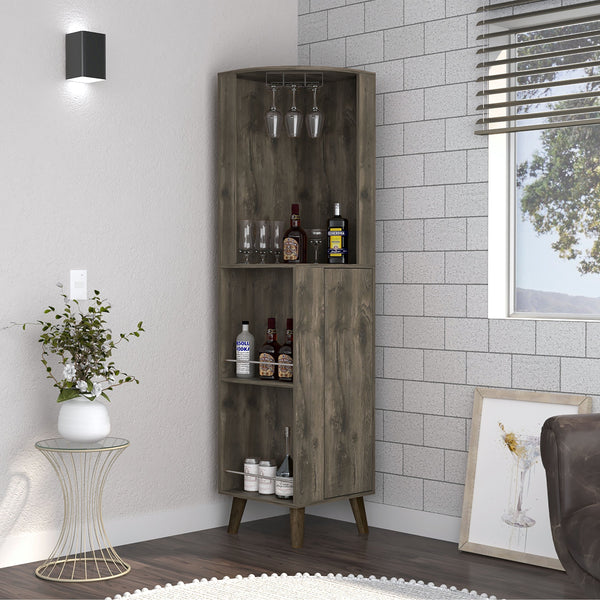 English Elm Corner Corner Bar Cabinet Dark Brown Engineered Wood w/ Cup Rack, Drawer & 4 Shelves for Entertaining B097S00089