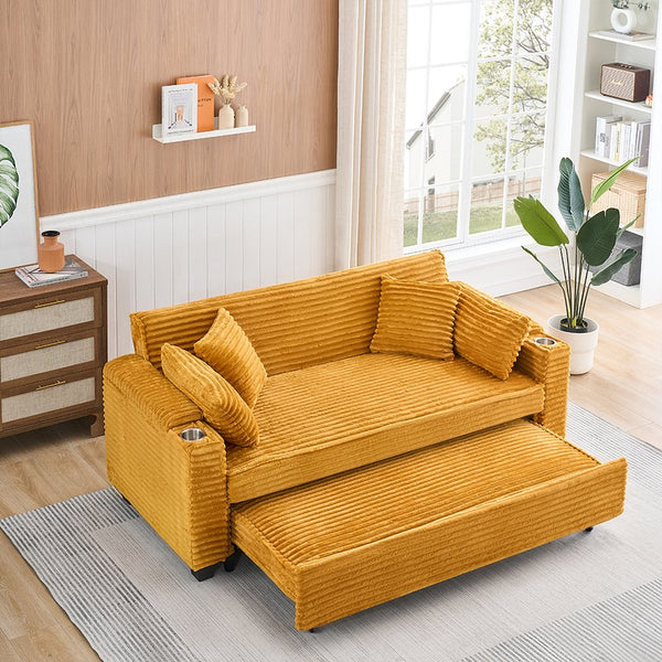 English Elm 80 80-inch Orange Corduroy Expandable Sofa Bed with Cup Holders, 3-Seater Convertible for Apt Living W1658P272544