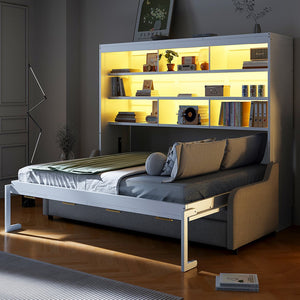 English Elm Full Size Murphy Cabinet Bed With Sofa, Built-In Storage & Led Lights - Stylish Space Saver In Beige N7090000602A