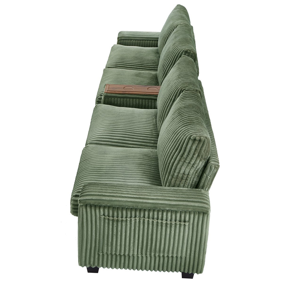 English Elm 4-seater Corduroy Sofa with USB Ports, Flip-Top Cup Holders, Hidden Arm Storage & Ultra-Deep Seats Green N719S001990F