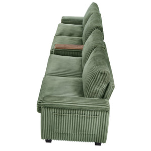 English Elm 4-seater Corduroy Sofa with USB Ports, Flip-Top Cup Holders, Hidden Arm Storage & Ultra-Deep Seats Green N719S001990F