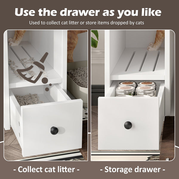 English Elm Cat Hidden Litter Box Furniture with 2 Drawers & Door, MDF Cat House End Table for Living Room, White/Brown N704P287849D