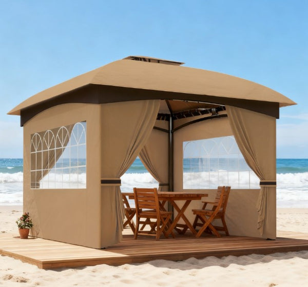 English Elm Double Tier Outdoor Gazebo with Arched Windows Steel Frame and Uv Resistant Polyester Canopy Beige T3971P426830