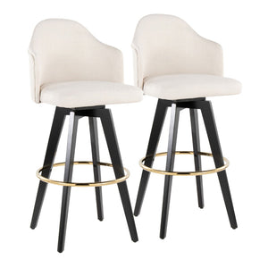 English Elm Fixed-height Swivel Barstools with Gold Ring Footrest Cream Upholstery Set of 2 B202S01864