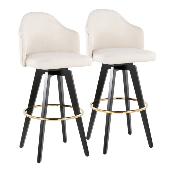 English Elm Fixed-height Swivel Barstools with Gold Ring Footrest Cream Upholstery Set of 2 B202S01864