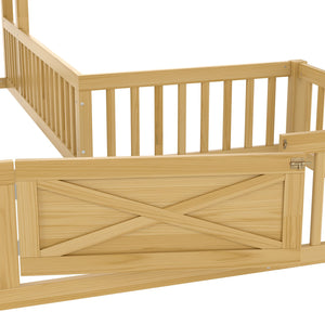 English Elm Twin House Floor Bed with Door & Full-Length Guardrails, Solid Wood Twin Loft Alternative for Kids Natural W1580P327129