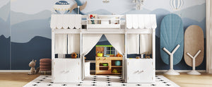 English Elm Full Loft Bed With Bookshelf & Storage - Amusement Park Design, Safety Guardrails, Cozy White Finish W1580S00358
