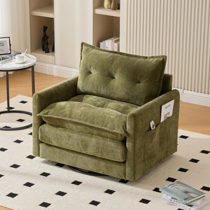 English Elm UNITED Swivel Barrel Chair with Chenille Upholstery, 360° Smooth Rotation, Padded Arm Comfort and Side Pockets for Living Room Relaxation Olive Green W1568P290086