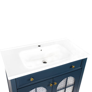 English Elm 35.6" Freestanding Bathroom Vanity with Roman Column Base and Ceramic Integrated Sink Blue W1801S00013