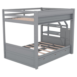 English Elm Wood Full Size Convertible Bunk Bed with Storage Staircase, Bedside Table and 3 Drawers, Gray - Space-Saving, Durable Design SM000335AAE