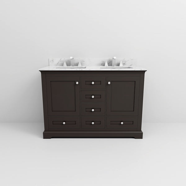 English Elm Espresso 48 in Double Bath Vanity with Carrara Marble Top, Soft-Close Storage & Chrome Faucet Set B2731P258339