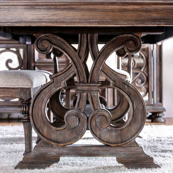English Elm Antique White 7 Piece Formal Dining Set Carved Wood Trestle Table Ivory Upholstered Chairs Ivory,Natural,Natural+Rustic B2741S00887