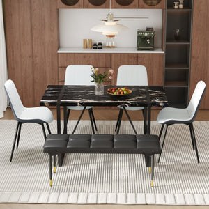 English Elm Table Modern Black Marble Pattern Dining Set - 6-Piece With Pu Chairs & Bench For Elegant Dining W1151S03579-GIGA