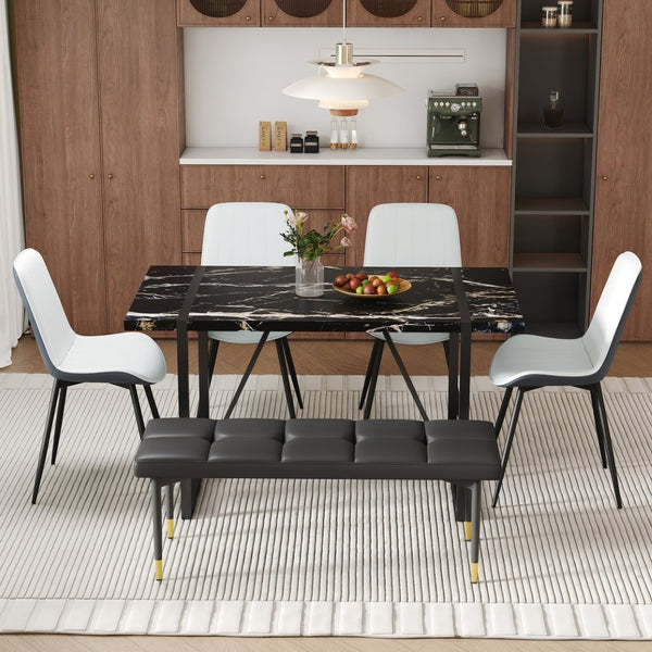 English Elm Table Modern Black Marble Pattern Dining Set - 6-Piece With Pu Chairs & Bench For Elegant Dining W1151S03579-GIGA