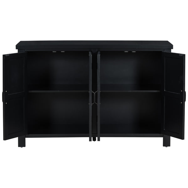 English Elm U_STYLE Mid-Century 4-Door Storage Sideboard with Adjustable Shelves, Retro Handles, Sturdy Pine Legs Black N711P218615B