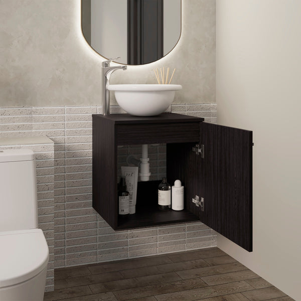 English Elm Clyde Wall-Mounted Floating Vanity 18" Wide Black Wenge with Wessel Sink, One Shelf, Minimalist Design B200P335376