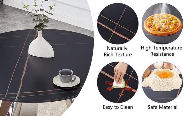 English Elm Table 5-Piece Dining Set: Contemporary Round Sintered Stone Top With 4 Stylish Black Chairs & Legs W2920S00017-GIGA