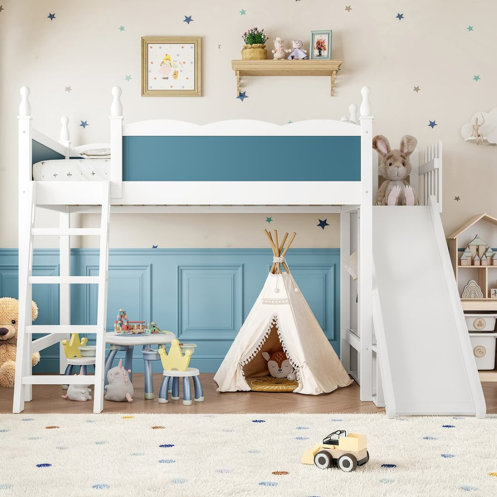 English Elm Twin Loft Bed Solid Pine Frame with Wardrobe Shelving Detachable Slide Kids Room White+Blue W5305S00019