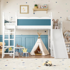 English Elm Twin Loft Bed Solid Pine Frame with Wardrobe Shelving Detachable Slide Kids Room White+Blue W5305S00019