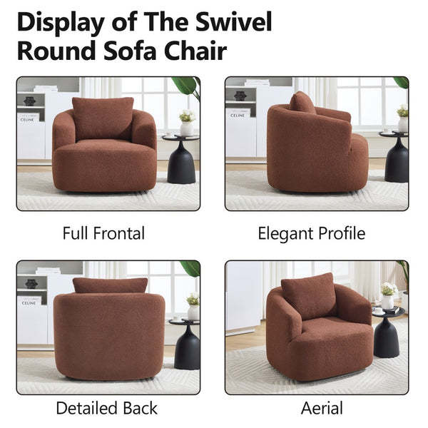 English Elm 360° Swivel Barrel Chair Teddy Fleece Upholstery with Pillow for Bedroom Reading Nook Brown W1803P362981