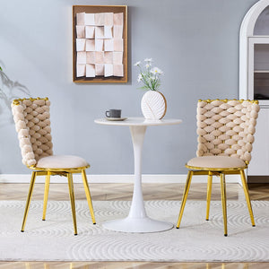 English Elm Set of 2 Velvet Dining Chairs with Braided Rope Backs and Glamorous Metal Legs Beige W3875P399190