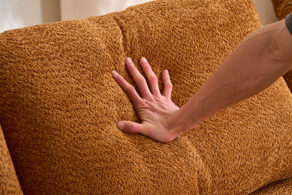 English Elm LY-024OR Plush 4-Seater Compression Sofa in Orange Crochet Yarn Fabric with 4 Pillows, Deep Seat Comfort W2231S00016