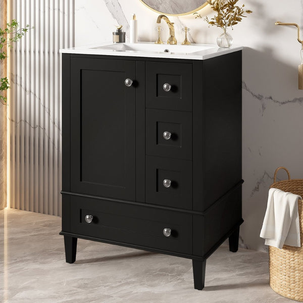 English Elm 24-inch Matte Bathroom Vanity Rubberwood Cabinet with Ceramic Sink and Soft-close Drawers Black N729P377516B
