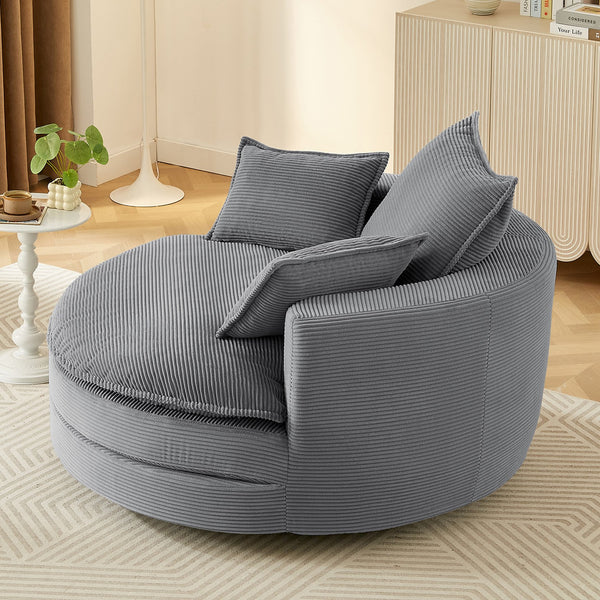 English Elm 360° Oversized Swivel Lounge Chair with 38" Deep Seat Dual-Layer Cushion Corduroy Accent Pillows Grey N719S002100E