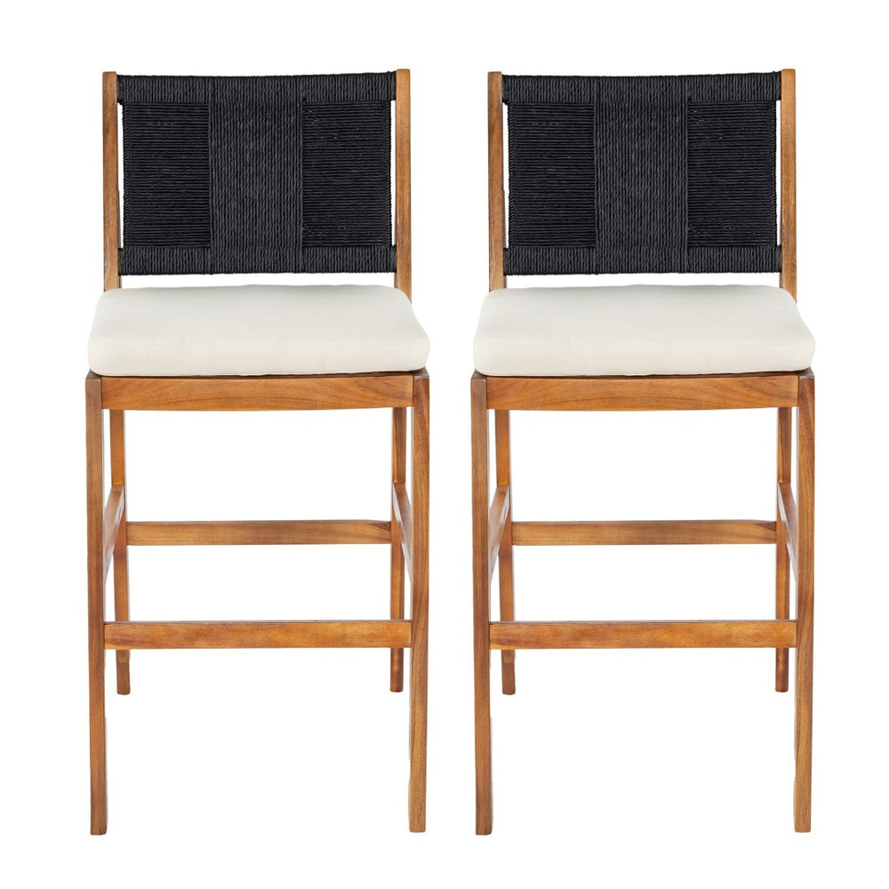 English Elm Outdoor Acacia Wood Barstools Set of 2 Wicker Back Patio Seating with Cushions Black,Cream,Teak N773P358719R