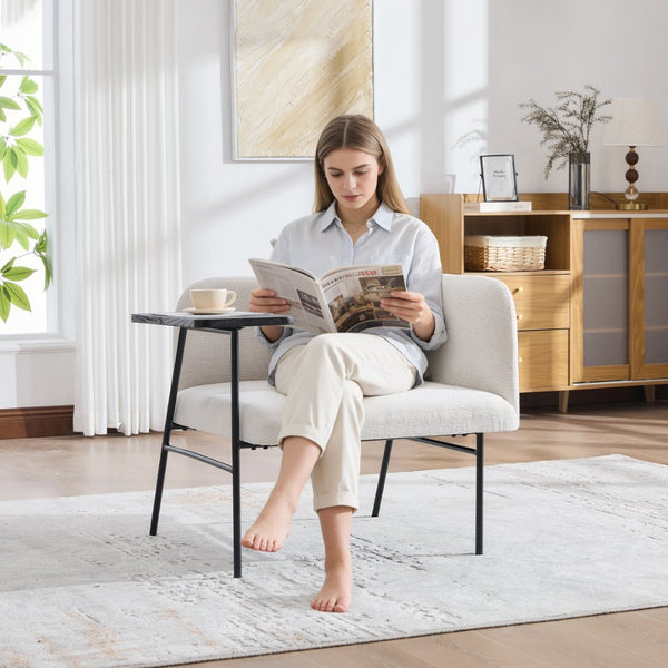 English Elm Leisure Linen Accent Chair with Built-in Side Table Pockets and Lumbar Pillow Modern Beige W395P453307
