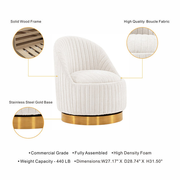 English Elm Leela Plush Chenille Swivel Lounge Chair with Brushed Gold Base, Ribbed Stitching, 440lb Capacity Cream B365P397955