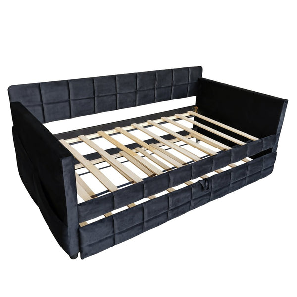 English Elm Modern Velvet Twin Daybed with Pull Out Trundle and Built in Armrest Storage Pockets Black SF000200AAB