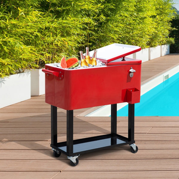 English Elm Outsunny 80 Quart Rolling Ice Chest Cart with Wheels Drain Plug Outdoor Beverage Cooler W2225P217545