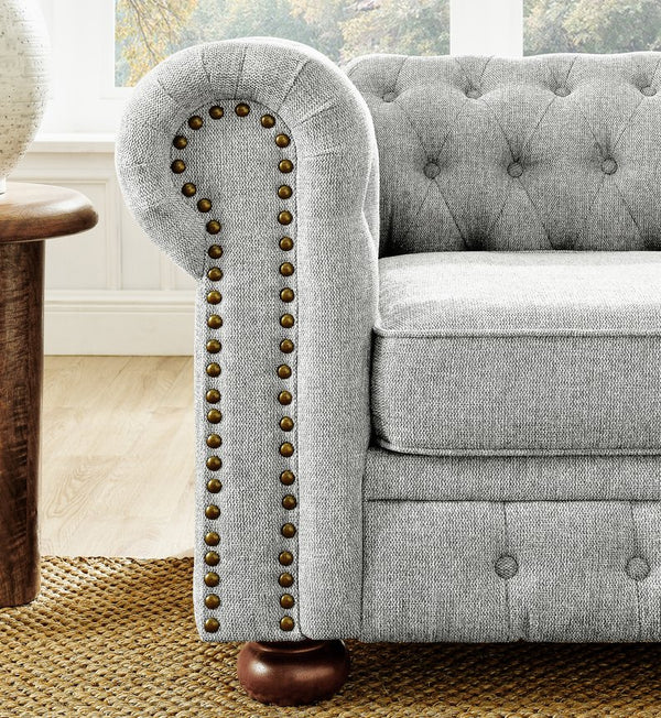 English Elm Chesterfield Linen Tufted 3-Seater Sofa with Scrolled Arms and Nailhead Trim, Durable Plywood Frame Gray W1413S00094