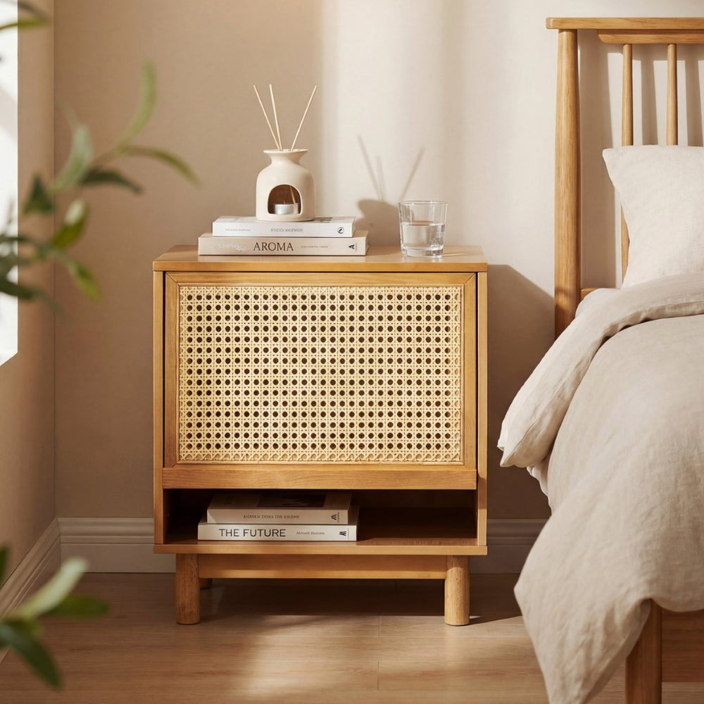 English Elm Wood and Rattan Nightstand with Lift Door Hidden Cabinet for Coastal Bedroom Decor N758P412497N